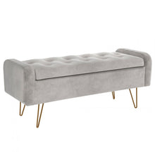 Load image into Gallery viewer, Sabel Storage Ottoman/Bench in Grey with Gold Leg.
