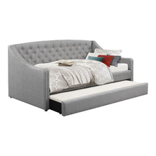 Load image into Gallery viewer, Grey Trundle Day Bed With Nail Head Trim.
