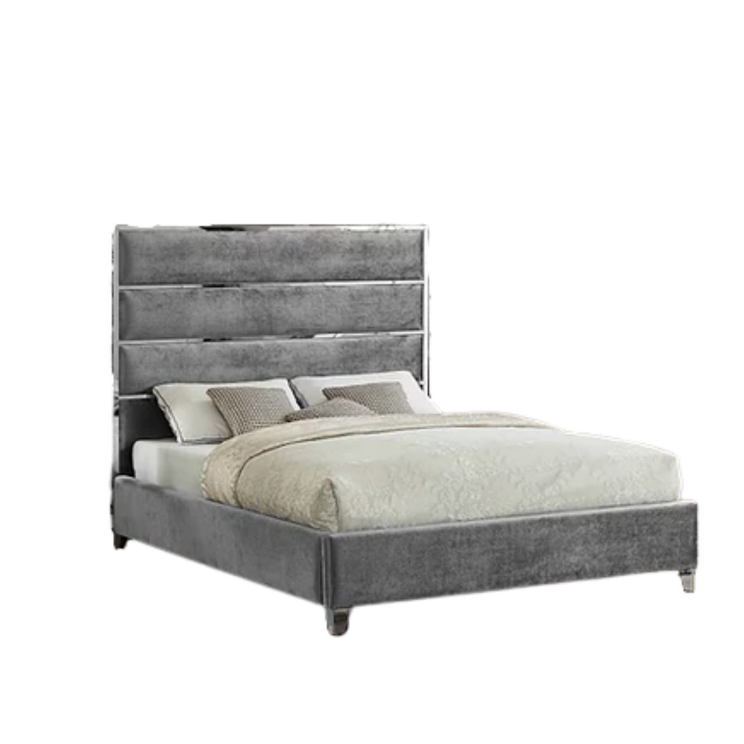 Chrome + Velvet Upholstered Bed -Grey