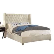 Load image into Gallery viewer, Creme Velvet Upholstered Platform Bed With Nailhead Trim
