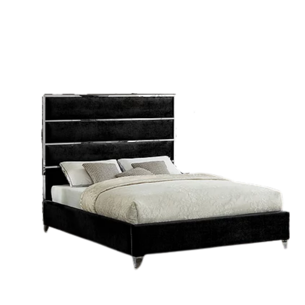 Chrome + Velvet Upholstered Bed -Black